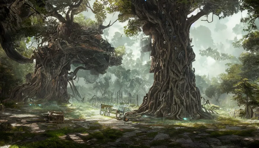 Image similar to ben lo illustration of colossal ash tree, bioshock concept art, solarpunk, colorful, unreal engine, hyper realism, realistic shading, cinematic composition, realistic render, octane render, detailed textures, photorealistic, wide shot