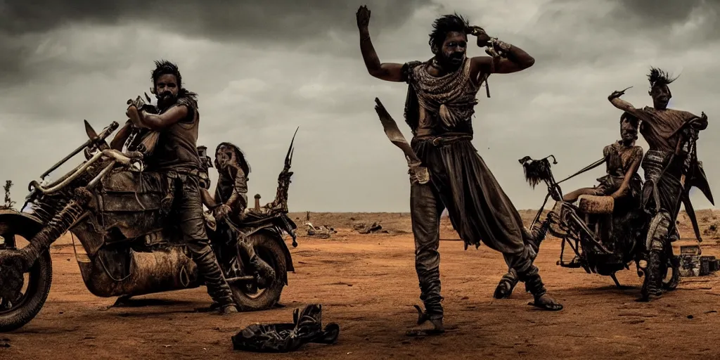 Image similar to sri lankan mad max style, film still, epic shot cinematography, rule of thirds