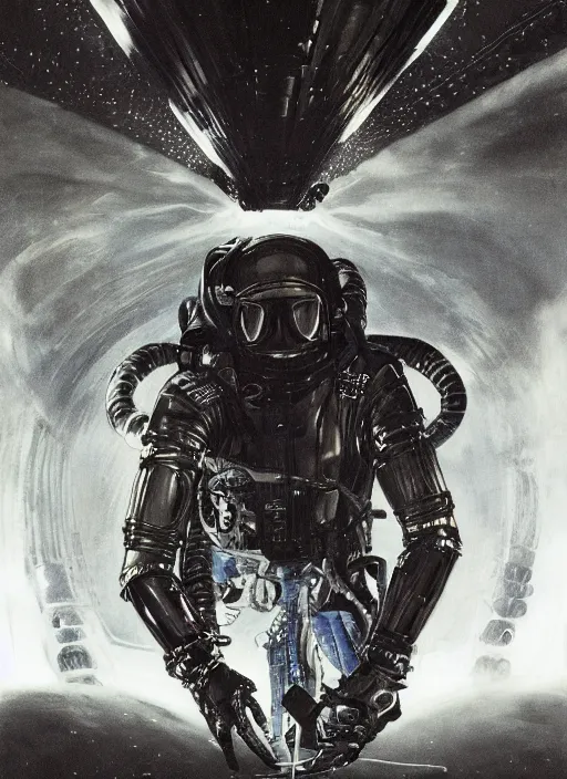 Image similar to astronauts divers in dark void underwater - complex and hyperdetailed technical suit design. reflection and dispersion materials. rays and dispersion of light. volumetric light. f / 3 2. noise film photo. flash photography. ultra realistic, 5 0 mm. poster by wayne barlowe, hajime sorayama aaron horkey, craig mullins