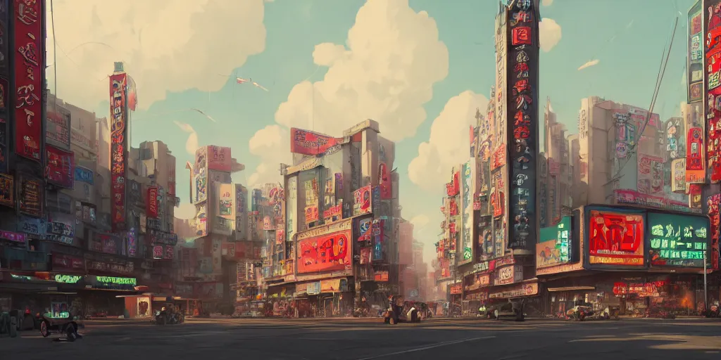 Prompt: A highly fantasy detailed matte painting of Buildings with Japanese Billboards and neonsigns by Studio Ghibli, Makoto Shinkai, by Artgerm, by WLOP, by Greg Rutkowski, volumetric lighting, octane render, 4K resolution, trending on artstation, masterpiece, simon stalenhag