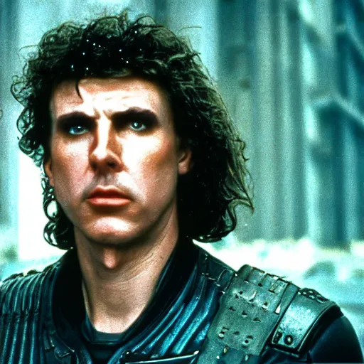 Image similar to Weird al Yankovic as Rick Deckard on blade runner 1982, slightly smiling, wide angle lens, movie still, in color, movie frame, detailed face, symmetrical face, 4k