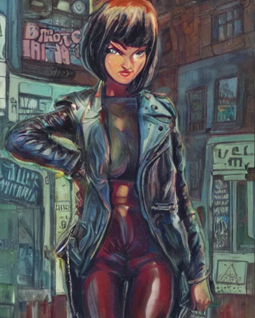 Image similar to young female protagonist in leather jacket, city street, artwork by ralph bakshi