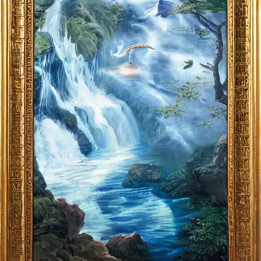 Image similar to oil painting of a dragon flying in the air near a cave with a waterfall in the center, light emanating from the waterfall leading to a big pool of water, dragon has black and white siberian tiger stripes, elegant, sharp focus, wide shot, clear, detailed, early renaissance