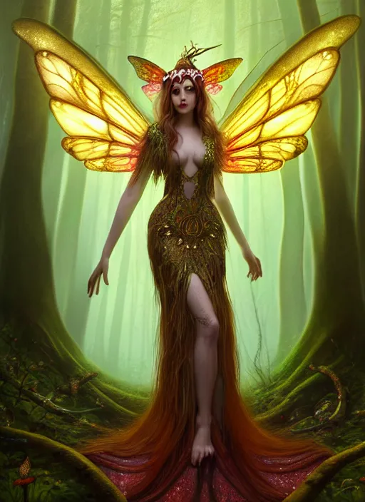 Image similar to stunningly beautiful female faerie priestess in amanita muscaria forest landscape, symmetrical wings on back, neon hair, fantasy art, wearing a dress of gossamer gold, inner glow, illustration, dramatic lighting, soft details, painting, art nouveau, octane render, 8 k, hd, by edmund blair leighton, brom, charlie bowater, faces by otto schmidt