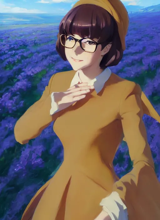 Prompt: Greg Manchess ainting of Velma Dinkley in the style of Violet Evergarden, anime style, winged eyelashes, countryside, calm, fantasy character portrait, dark outlines, dynamic pose, above view, sunny day, artwork by Makoto Shinkai, very coherent asymmetrical artwork, sharp edges, perfect face, simple form, 100mm