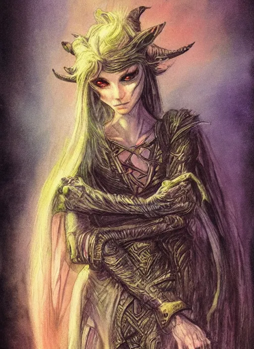 Image similar to portrait of young female sorceress of the endtimes, beautiful! coherent! dungeons and dragons character, by brian froud, strong line, cool night color, high contrast