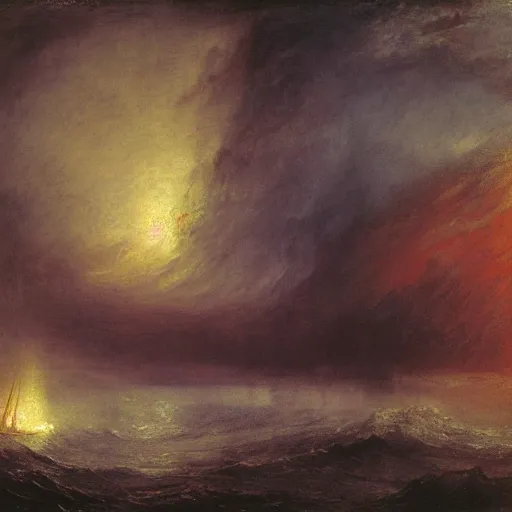 Image similar to a ship burning in the distance during a storm, by william turner, by beksinski, by caspar david friedrich, oil painting, romantism, realism, limited palette