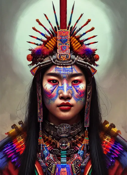 Image similar to portrait of liu yifei, hyper detailed ultra sharp aztec shaman warrior. trending on artstation, warpaint aesthetic, bloodwave, colorful, psychedelic, ornate, intricate, digital painting, concept art, smooth, sharp focus, illustration, art by artgerm and greg rutkowski and h. r. giger, 8 k