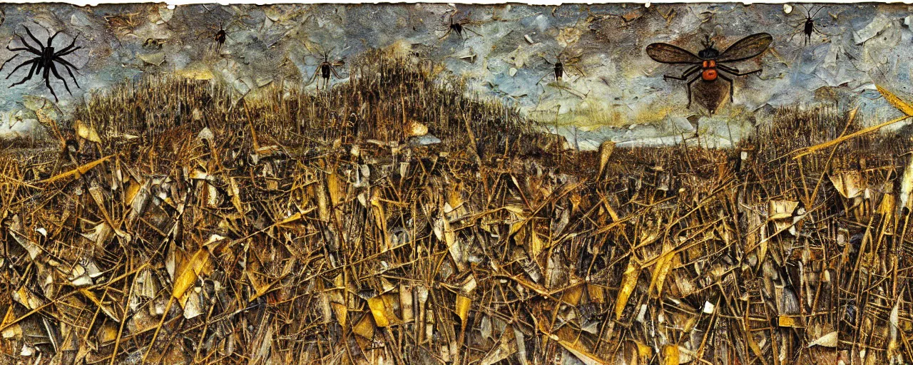 Prompt: strange giant insects, beetles, spiders and flies, swarming in a cornfield, oil painting by max ernst and anselm kiefer, decay, mixed media, textured, sharp focus, highly detailed, photographic emulsion cracked and peeling, rust, cinematic lighting, 8 k, hd