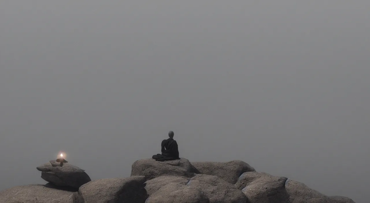 Image similar to a lonely silhouette of a meditating monk sitting in the fog on a stone protruding from the water in the rays of the morning sun, the focus of the camera on the monk, matthew snowden style.