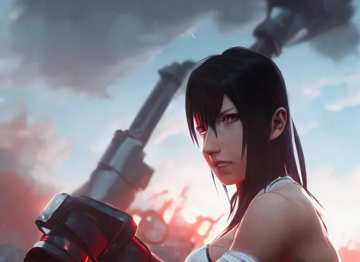 Image similar to close up cinematic artwork of Tifa Lockhart staring down the enemy on the battlefield by Greg Rutkowski, 4k, masterpiece