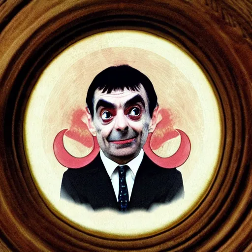 Prompt: beautiful esoteric occult art of Mr Bean as Ouroboros ,centered award winning high resolution 4k 8k 16k