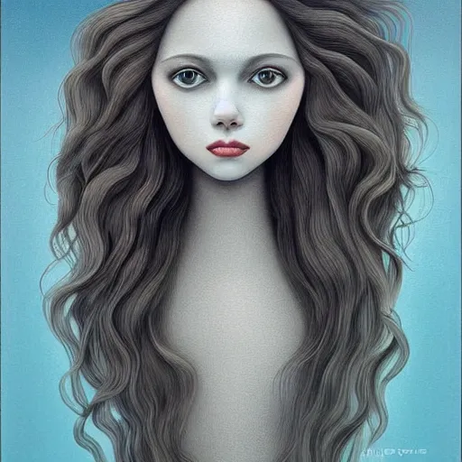 Prompt: a place of joy, long wavy grey hair, an ultrafine detailed painting by rafal olbinski, behance contest winner, pop surrealism, detailed painting, very detailed, minimalist, skeuomorphic, airbrush art