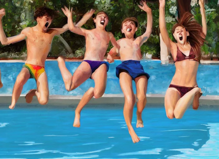 Image similar to photorealistic painting of a group of teens in the moment of jumping into a pool, digital art, subtle painting, subtle hues, some edges lost