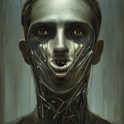 Prompt: surreal portrait of a man by Greg Rutkowski, symmetrical face, he is about 30 years old, short black hair with bangs, his features are a mix between French, Turkish and Russian, transformed into a kind of biomechanical transhuman god, blue glowing eyes, uncany but fascinating, expression of epiphany and determination, cosmic void background, frightening, fascinating, highly detailed portrait, digital painting, book cover, artstation, concept art, smooth, sharp foccus ilustration, Artstation HQ