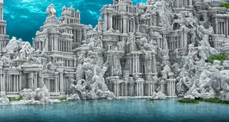 Image similar to a magnificent underwater side view of the lost city of Atlantis, white marble, fully built buildings, temples, hyper detailed, 4K