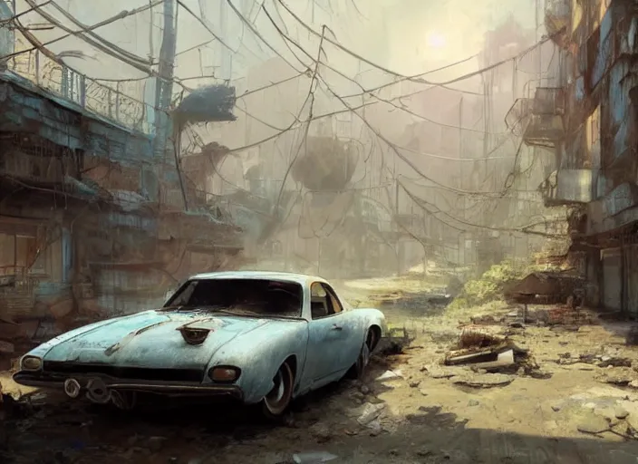 Image similar to an old retro car in a ruined penthouse, painting by craig mullins, octane rendering, soft morning lighting, wide angle lens, in the style of hayao miyazaki, trending on artstation,