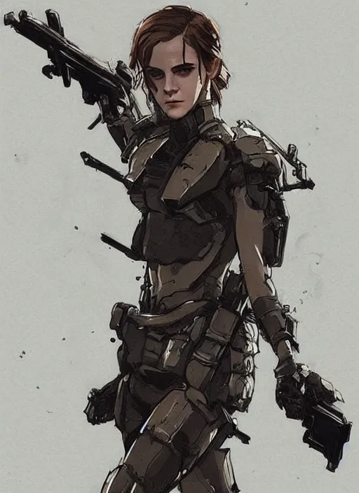 Image similar to emma watson wearing metal gear armour art by Hokusai by greg rutkowski by wlop high detail comic sharp vector lineart dramtic lighting artstation by trevor henderson by ross draws cinematic dramatic