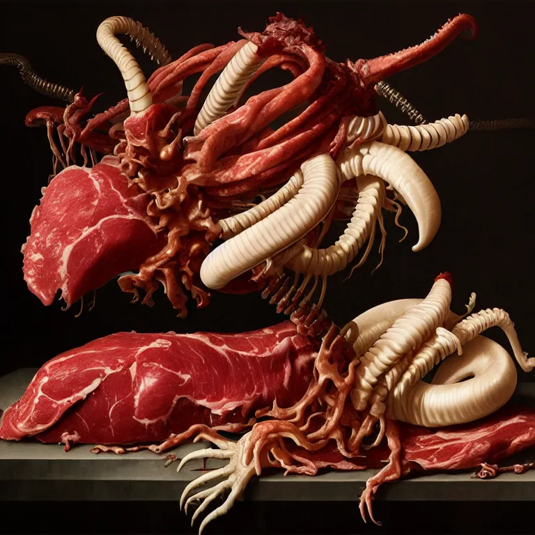 Prompt: still life of rotten meat flesh white xenomorph beautiful tropical flowers human spine colorful mold baroque painting, beautiful detailed intricate insanely detailed octane render, 8K artistic photography, photorealistic, chiaroscuro, Raphael, Caravaggio