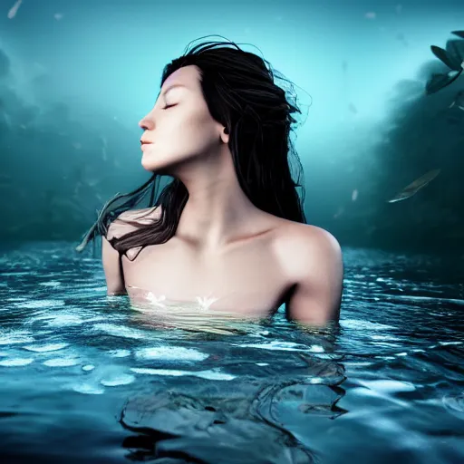 Image similar to epic portrait of a girl floating in water with only her face and some hair visible, surrounded by loose petals, beautiful, unreal engine, high detail