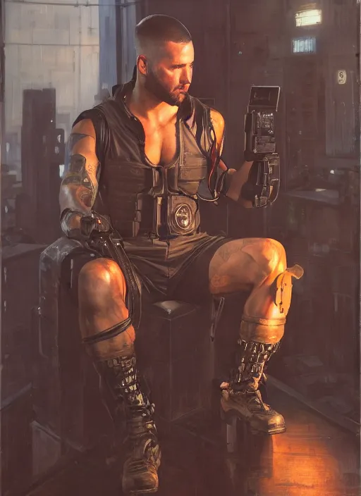 Image similar to dumb meathead. cyberpunk mercenary in a cyberpunk jumpsuit ( blade runner 2 0 4 9, cyberpunk 2 0 7 7 ). orientalist portrait by john william waterhouse and james gurney and theodore ralli and nasreddine dinet, oil on canvas. cinematic, hyper realism, realistic proportions, dramatic lighting, high detail 4 k