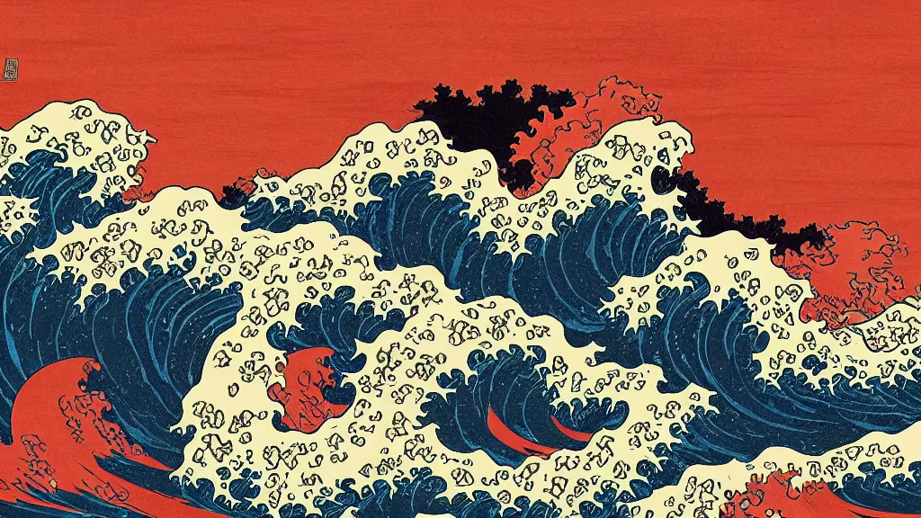 Prompt: a lava tsunami in the style of hokusai, artstation, digital art,