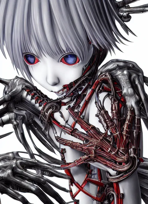 Image similar to Rei Ayanami by Yoshitaka Amano, by HR Giger, biomechanical hand, 4k, wide ayes, hyper detailed, hyperrealism, anime