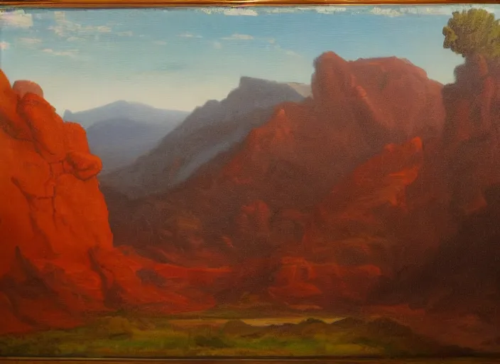 Image similar to la montana roja, tenerife in the style of hudson river school of art, oil on canvas