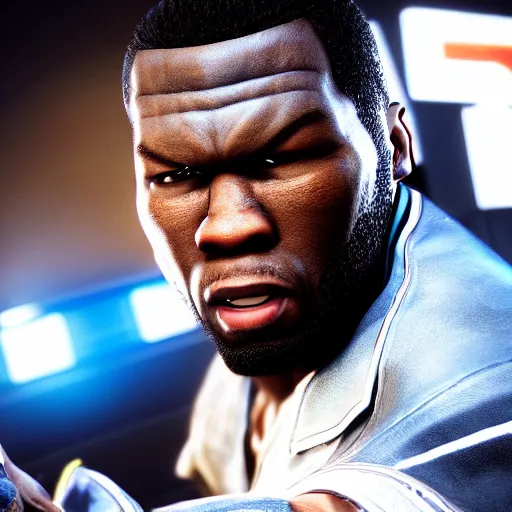 Image similar to a videogame still of 50 Cent in Tekken 7, portrait, 40mm lens, shallow depth of field, close up, split lighting, cinematic