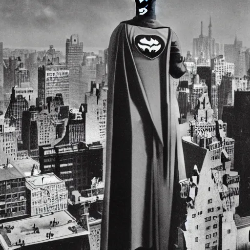 Image similar to old black and white photo, 1 9 1 3, depicting batman from dark knight on top of buildings of new york city, rule of thirds, historical record