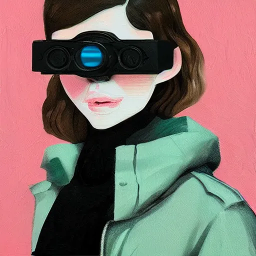 Image similar to Elle Fanning wearing night vision goggles picture by Sachin Teng, asymmetrical, dark vibes, Realistic Painting , Organic painting, Matte Painting, geometric shapes, hard edges, graffiti, street art:2 by Sachin Teng:4