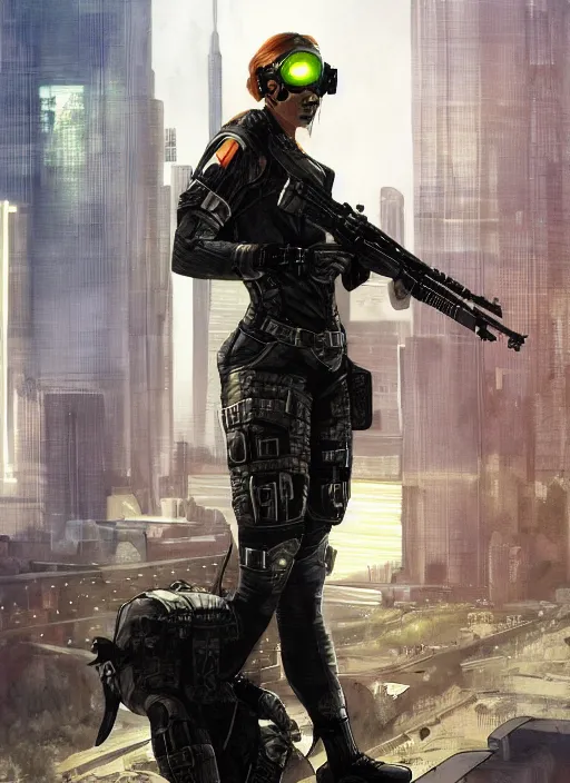 Image similar to Sonya. USN special forces operator looking at city skyline. Agent wearing Futuristic stealth suit. rb6s, MGS, and splinter cell Concept art by James Gurney, Alphonso Mucha.