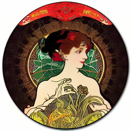 Image similar to trippy vinyl record picture disk designed by mucha, art nouveau style