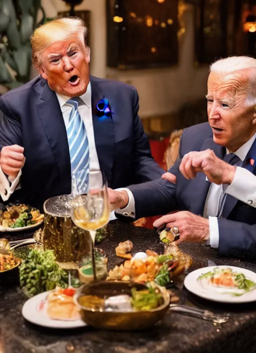 Image similar to Trump and Biden having dinner at a fancy Balinese restaurant, award winning photography, 85mm, perfect faces