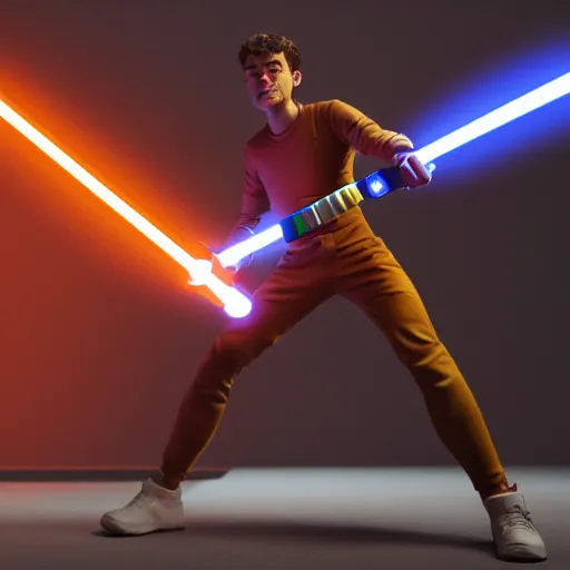 Image similar to rex orange county as a superhero holding an orange lightsaber, highly detailed, octane render, rendered in unreal engine 5, 8 k, hyperrealistic, trending on artstation