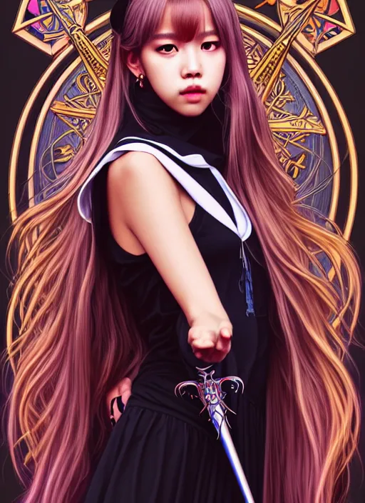 Image similar to lalisa manoban of blackpink, grim reaper costume, tarot card, highly detailed, digital painting, smooth, sharp focus, illustration, ultra realistic, 8 k, art by artgerm and alphonse mucha