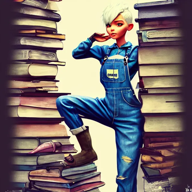 Image similar to full body pose, beautiful adult book fairy, pixar, short white hair shaved sides, dirty, grungy, grunge, long sleeve, painted overalls, stacks of giant books, highly detailed, 4 k, hdr, smooth, sharp focus, high resolution, award - winning photo, artgerm, photorealistic