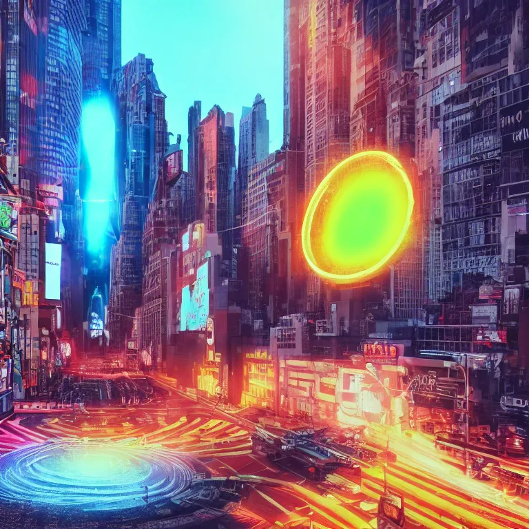 Image similar to a miniature black hole sculpture. there are neon lights next to it. the sculpture is on the streets of times square. 8 k, ray tracing, 3 d render, volumetric lighting, hdr, high quality, colorful, unreal engine