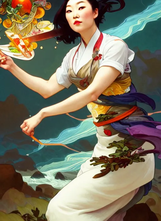 Image similar to arden cho as a chef, in a battle pose, holding magical kitchen knives, beautiful rivers of energy flowing in background, by peter mohrbacher and alphonse mucha and loish, 4 k, high resolution, intricate, hyperdetailed, photorealistic, artstation, smooth, sharp focus