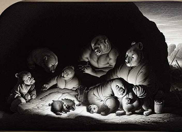Image similar to Pieter Claesz's 'bear and her cubs sleeping in a dark cave lit by campfire', night time, cross hatching, framed