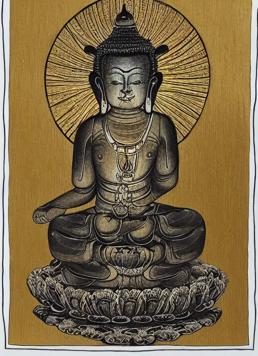 Image similar to detailed pen and ink illustration of a Buddhist bodhisattva with a bears head, seated in royal ease, 0.2 black micron pen on white paper, gilded gold halo behind head, highly detailed, fine pen work, white background, in the style of Olivia Kemp