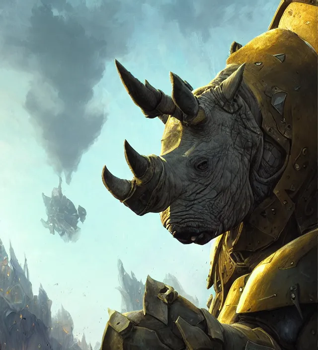 Image similar to “a well rendered anthropomorphic rhinoceros portrait, world of Warcraft armor, subject in the center of the frame, rule of thirds, golden ratio, cyberpunk, elegant, digital painting, octane 4k render, zbrush, hyperrealistic, artstation, concept art, smooth, sharp focus, illustration from DnD by Ruan Jia and Mandy Jurgens and Artgerm and William-Adolphe Bouguerea”