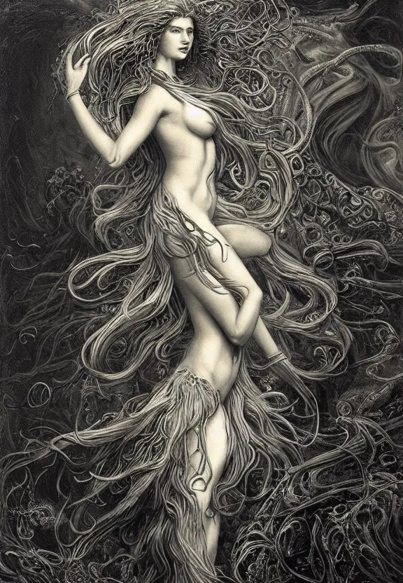 Image similar to full body front view of a beautiful biomechanical moon goddess, flowing hair, intense stare, sweet smile, concept art, intricate detail, volumetric shadows and lighting, psychedelic colors, realistic oil painting by gustave dore,