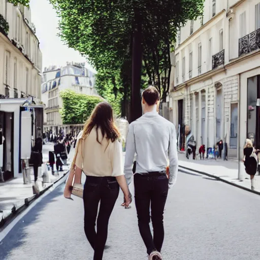 Image similar to fashionable couple walking down a street in paris, warm summer day