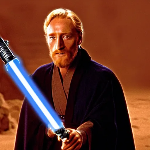 Prompt: Charles Dance as Obi-Wan Kenobi wielding a lightsaber in the film Star Wars