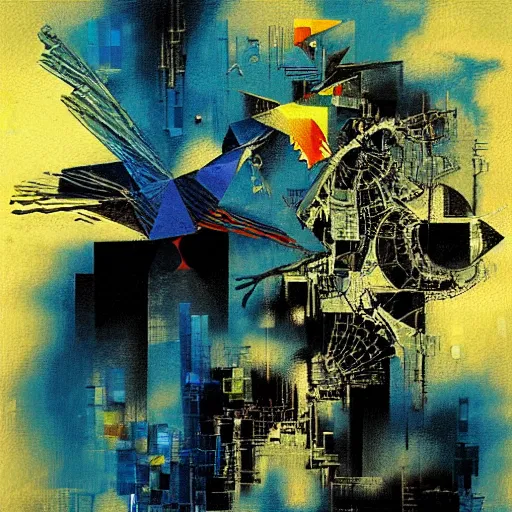 Image similar to the progressive rasterization of a bird, from a mechanical one into a pixel one, golden - blue oil on canvas by dave mckean and yoji shinkawa and roberto matta