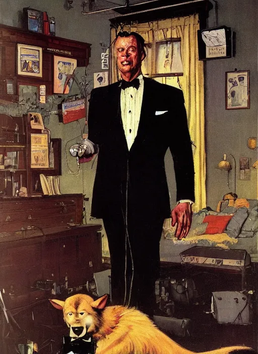 Image similar to full body and head portrait of a huge werewolf in a tuxedo in a dark and dingy dystopian apartment lit by green light, painted by norman rockwell and tom lovell and everett raymond kinstler