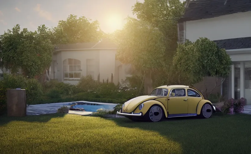 Image similar to a vw beetle parked near a modern small house with a pool at sunrise, concept art, octane render, unreal engine 5, trending on artstation, high quality, highly detailed, 8 k, soft lighting, path traced, godrays, lens flare, hyperrealistic, symmetrical, low contrast, digital art, beautiful, elegant