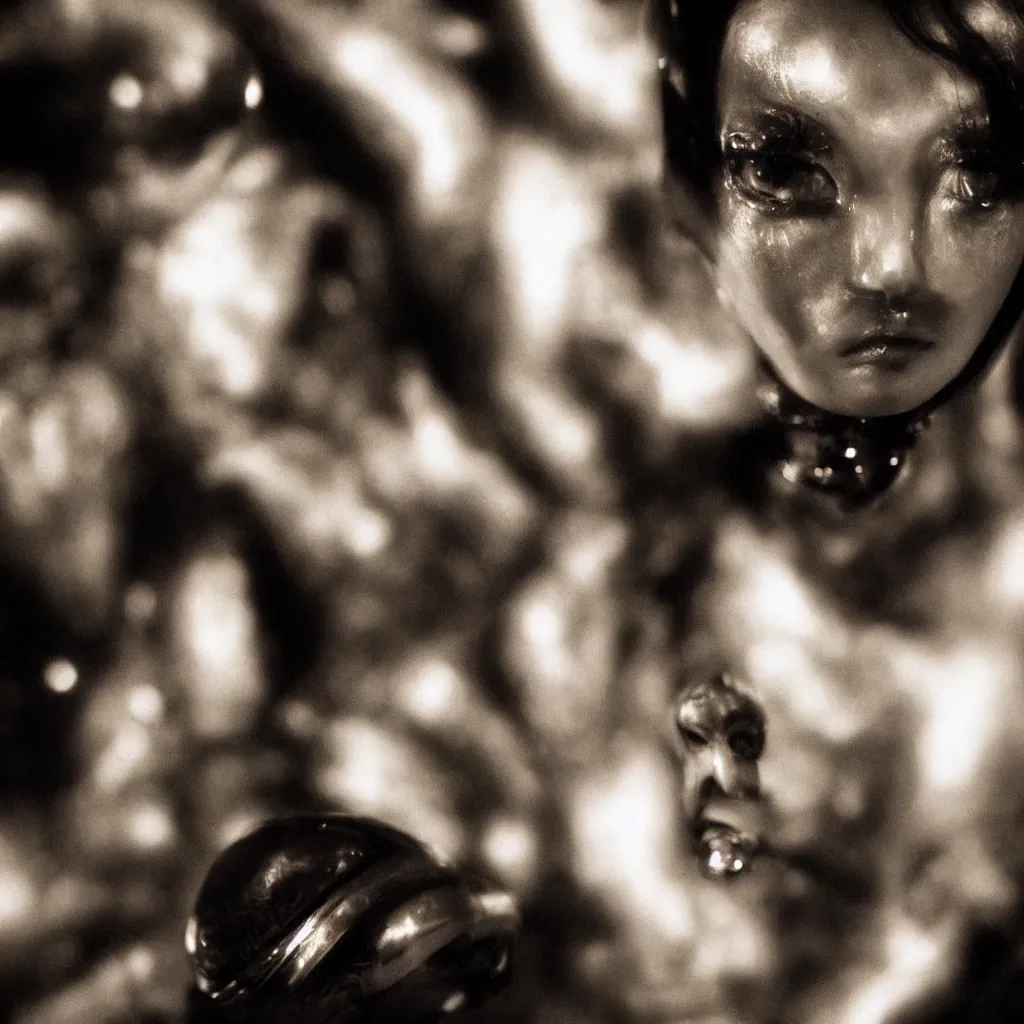 Image similar to close - up headshot of an alien beauty, extraterrestrial mistress, in the style of a wong kar wai movie