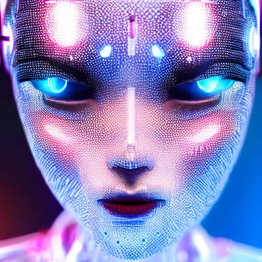 Prompt: beautiful centered Fine art photo portrait of sad Olivia Rodrigo as a solarpunk robotic humanoid, white mechanical parts with led lights, photorealistic, white background, highly detailed and intricate, sunset lighting, HDR 8k
